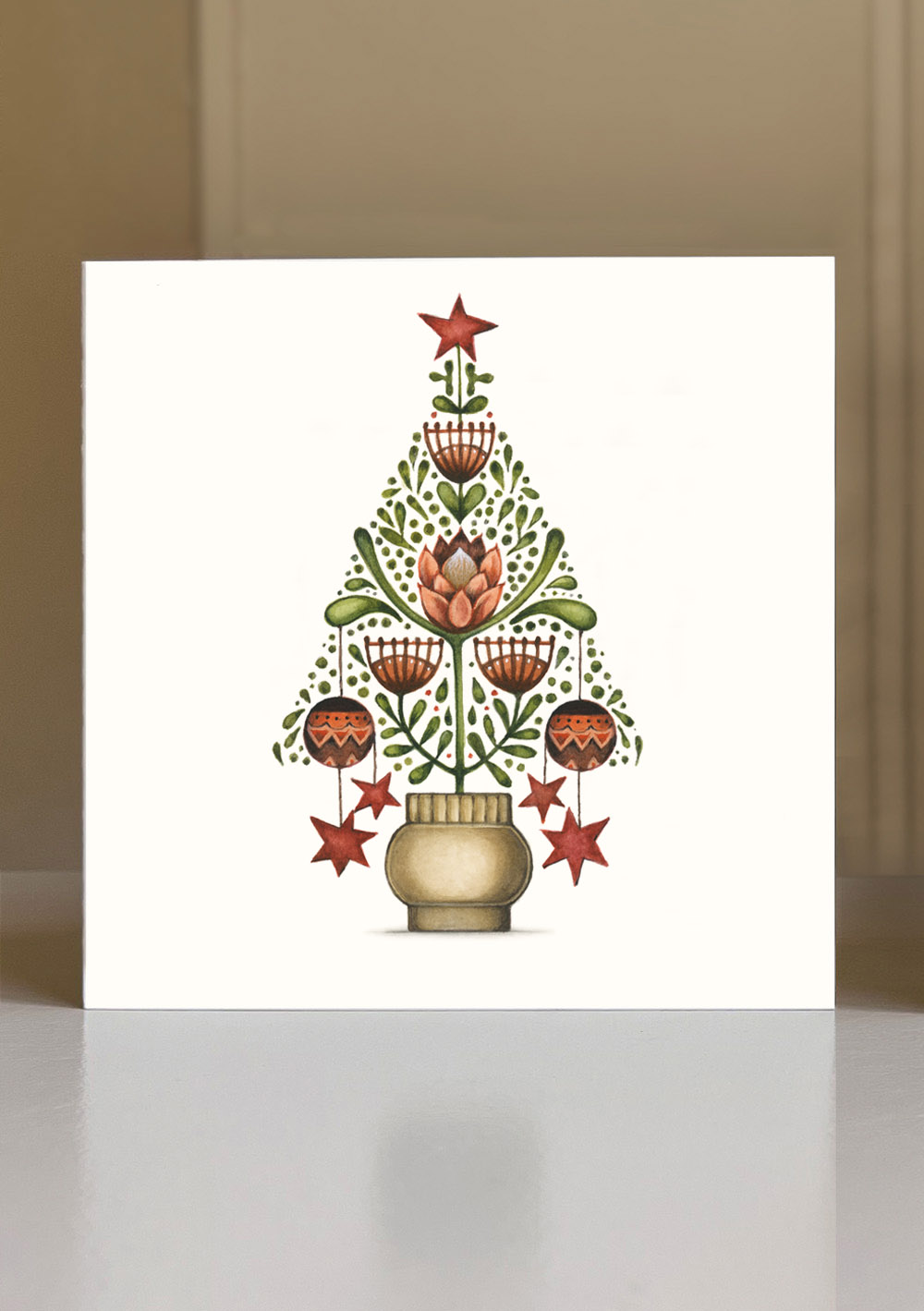 Greeting card with watercolour illustration by Annie Moag, painted in the leafy Southern Suburbs of Cape Town, South Africa. Titled Festive Fynbos.