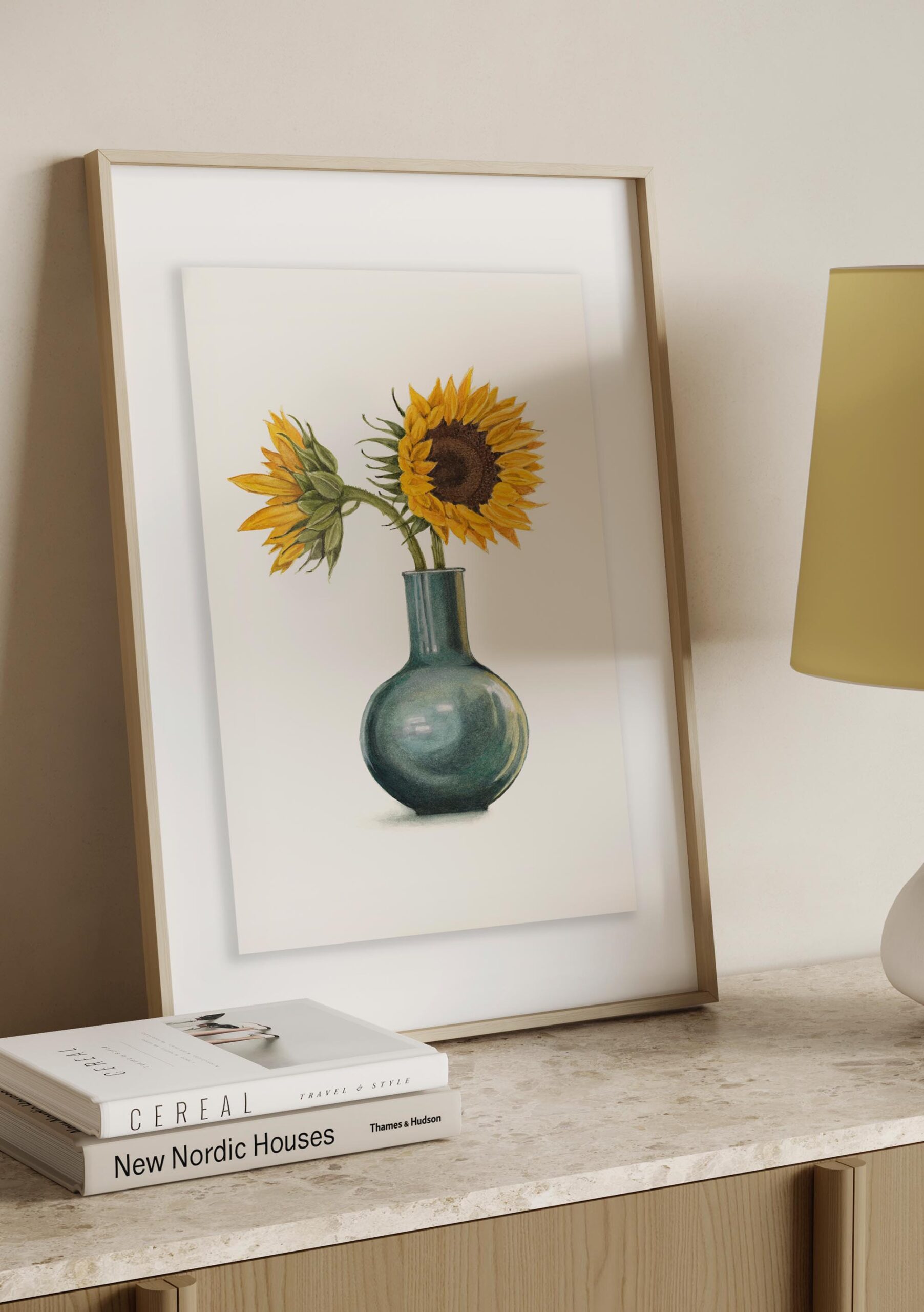 Framed Watercolour illustration of Sunflowers in teal vase on shelf by Annie Moag Illustrates